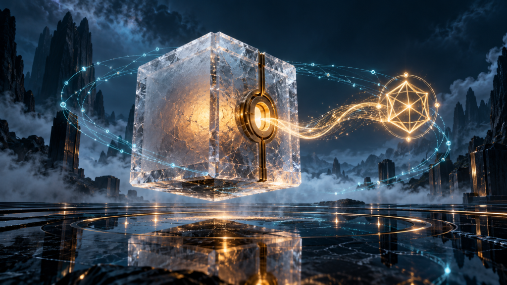 A glowing crystal vault releases a golden geometric proof while its secret remains enclosed, surrounded by blue network threads.